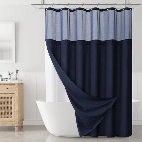 Vista 20 de Naturoom Cortina de ducha de lino de 72 pulgadas para baño, color beige y blanco, doble capa