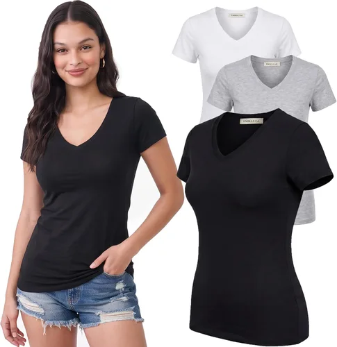 Vista 96 de Emmalise Camiseta de manga corta para mujer, cuello en V, tallas junior y plus