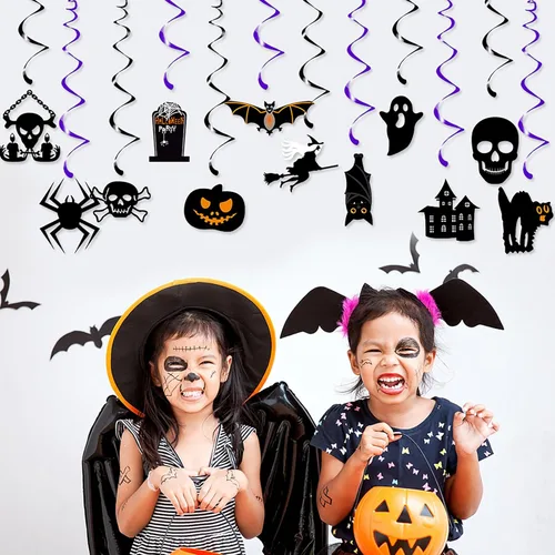 Vista 3 de Decoración para fiesta de Halloween, murciélagos, brujas, serpentinas, 12 piezas espeluznantes de fantasmas, calaveras, esqueletos, calabaza, gatos