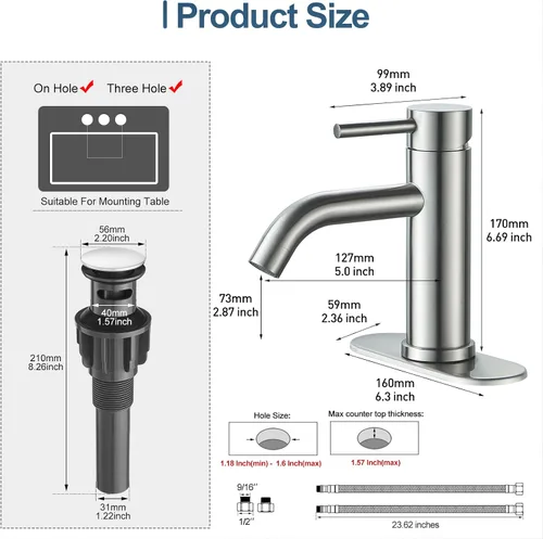 Vista 6 de GENBONS Grifos de Baño, Grifo de Fregadero de Baño de Un Solo Agujero Níquel Cepillado, Grifo Moderno de Fregadero de Tocador de Una Sola Manija, 1