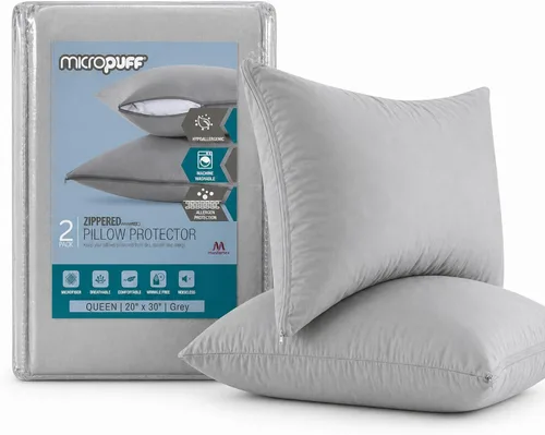Vista 24 de Micropuff Protectores de almohada de tamaño estándar con cremallera, paquete de 2, funda de almohada hipoalergénica suave y transpirable. Funda