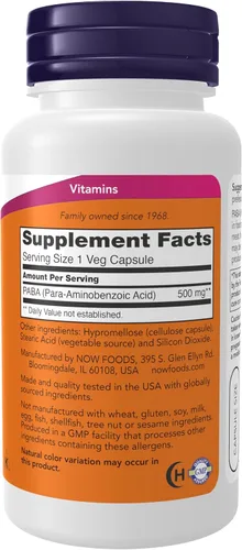 Vista 2 de NOW Supplements, PABA (ácido para-aminobenzoico) 500 mg, familia del complejo B, 100 cápsulas