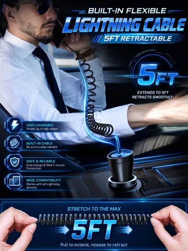 Vista 2 de HUNDA Cargador rápido para auto de 48 W, doble puerto de carga súper rápida con PD3.0 y QC4.0, accesorios de automóvil con cable Lightning