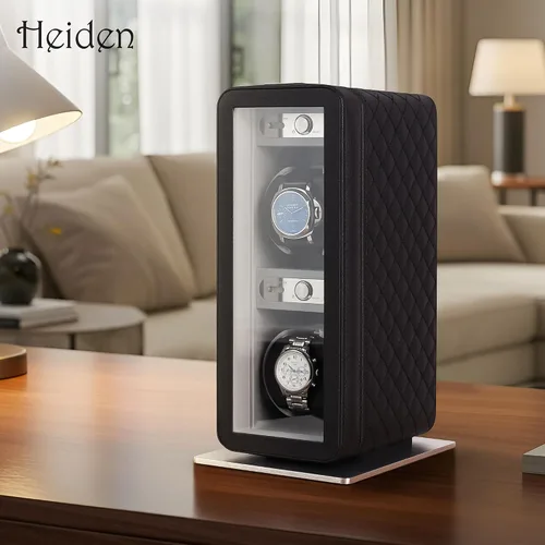 Vista 8 de Heiden Monaco - Bobinadora de reloj doble en cuero negro, funciona con pilas o adaptador de CA, 12 ajustes de programa, cuero vegano cosido
