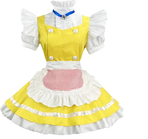 Vista 3 de Delantal de sirvienta amarillo de anime, vestido de Lolita, disfraz de cosplay, sombreros, calcetines con dobladillo de falda para mujeres y niñas