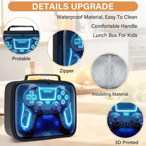 Vista 4 de Lonchera de cuero para niños, lonchera de cuero para niños, regalos para jugadores, lonchera aislada para videojuegos, lonchera portátil