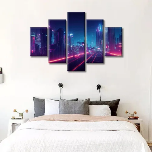 Vista 273 de Cuadros de 5 paneles de Cyberpunk City, arte de pared, representación de vallas publicitarias, edificios modernos en la capital con obras de arte