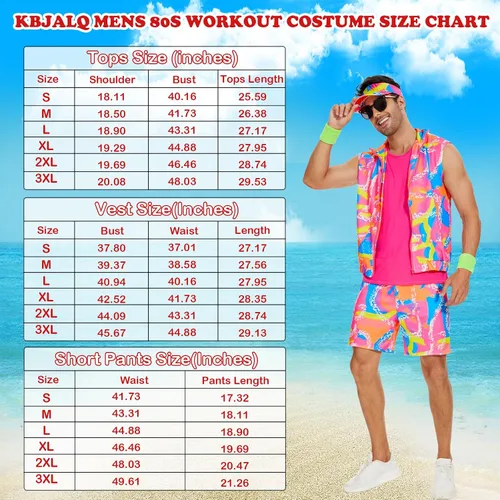 Vista 6 de KBJALQ 80S 90S Workout Costume Halloween Costumes for Adult Mens Cosplay Outfits Swimwear Suit With Sun Hat