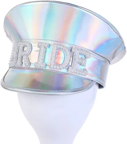 Vista 5 de Yesaxwiv Unisex deslumbrante sombrero de novia de cuero plateado sombrero de gallina sombrero nupcial capitán sombrero policía Cosplay Cap