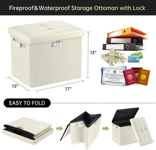 Vista 2 de DocSafe Otomana de almacenamiento con cerradura, caja de almacenamiento plegable de 17 pulgadas resistente al fuego y al agua con asas, segura