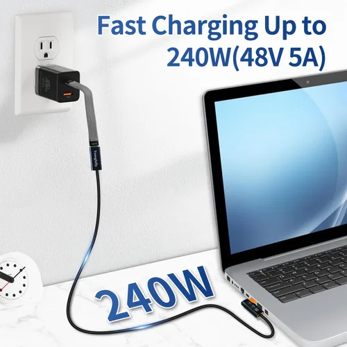 Vista 5 de Cable USB C codo hembra a macho de 1.64 pies, compatible con Thunderbolt 4/3, USB4/3, soporta carga rápida de 240 W (48 V/5 A máximo), transferencia