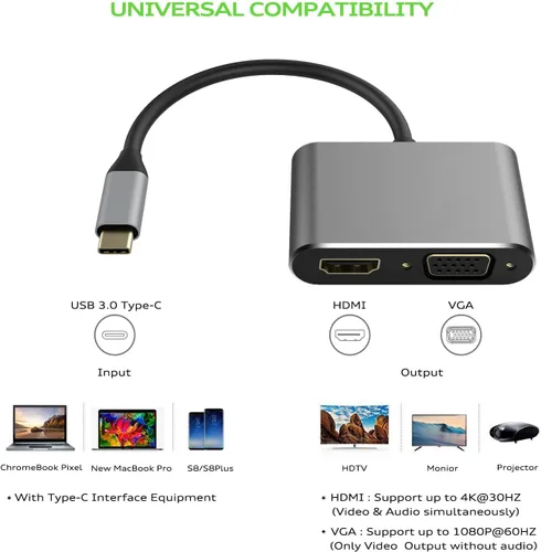 Vista 4 de Generic Adaptador USB C a HDMI VGA, soporta 4K UHD, espejos de teléfono/portátil a TV/proyector