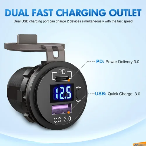 Vista 9 de Nilight Enchufe USB PD tipo C y QC 3.0 USB de carga rápida 12V 24V Enchufe de coche Voltímetro Interruptor de encendido/apagado Kit de alambre