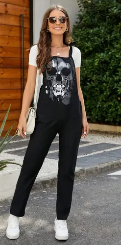 Vista 57 de PAODIKUAI Overol casual con estampado de calavera para mujer, overol suelto con bolsillos