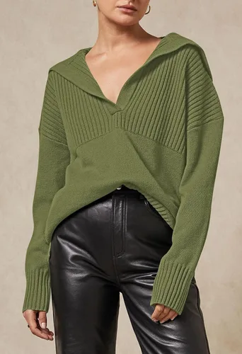 Vista 2 de Viottiset Suéter de manga larga con cuello en V para mujer, de gran tamaño, con cuello en V