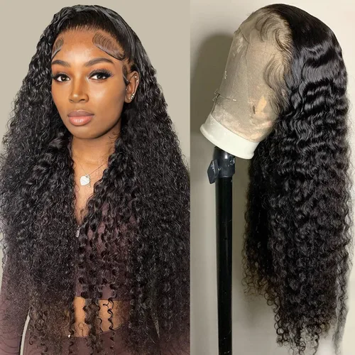 Vista 6 de Peluca de cabello humano con malla frontal de onda profunda 13x4 HD, transparente, con rizos, para mujeres, 180% de densidad, sin pegamento, cabello
