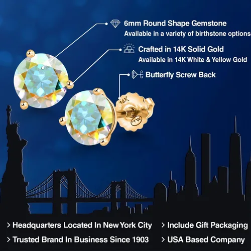Vista 222 de Gem Stone King Aretes de Martini de oro amarillo de 14 quilates Aretes de tuerca de 3 puntas para mujeres y hombres Redondos de 0.236 pulgadas
