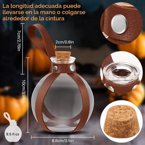 Vista 2 de Patelai 2 botellas de poción de vidrio de Halloween con cinturón, corcho, accesorios de disfraz de bruja renacentista, botella de poción para Marrón
