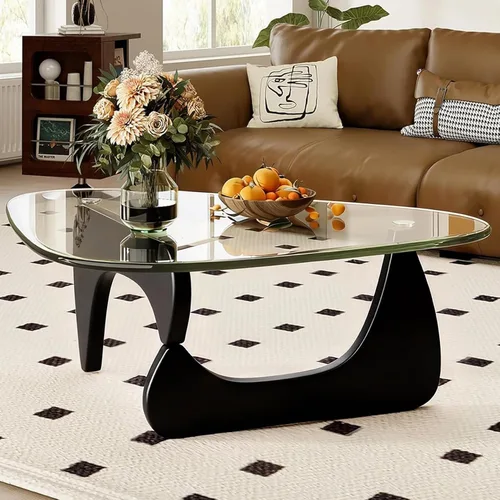 Vista 7 de Mesa de centro moderna para sala de estar, mesa central negra minimalista de 35.8 pulgadas con vidrio templado triangular y patas sólidas