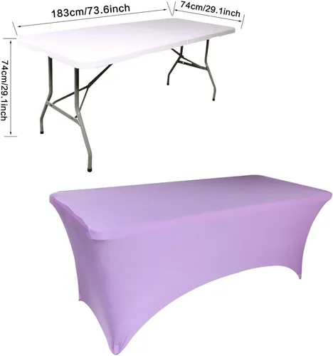 Vista 4 de 2 manteles de 6 pies, mantel de elastano color morado claro, mantel rectangular elástico ajustable de 6 pies, protector de mesa lavable de 6 pies