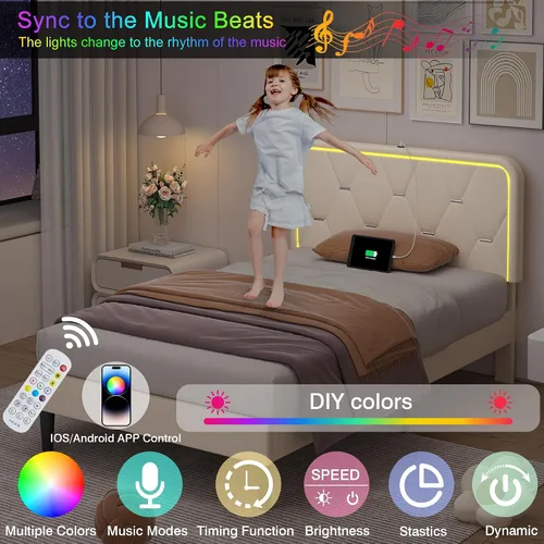 Vista 3 de VECELO Base de cama individual tapizada con cabecera ajustable, plataforma de terciopelo con luces LED, estación de carga, base de colchón