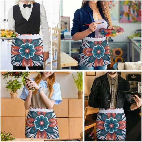 Vista 5 de Server Aprons with 3 Pockets Waist Apron Waterproof Half Apron Flower Decorative Pattern Short Cooking Aprons Bib