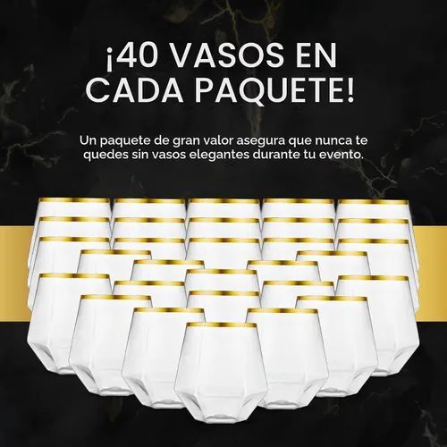 Vista 5 de Kitchen Lux Paquete de 40 copas de vino de plástico con diamantes desechables, copas de oro, copas de vino, copas de cóctel, vasos de plástico