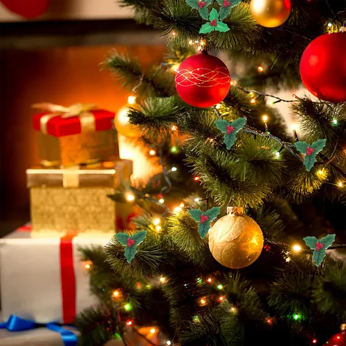 Vista 5 de Abaodam 120 piezas de bayas de acebo de Navidad con hojas verdes, parches de Navidad, bayas de acebo artificiales de Navidad, micro hojas