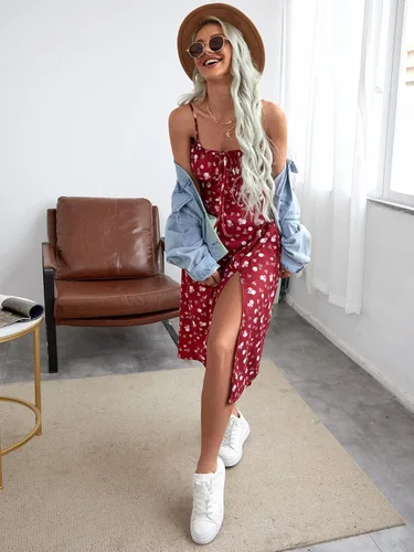 Vista 3 de Verdusa Vestido midi sin mangas con estampado floral fruncido para mujer