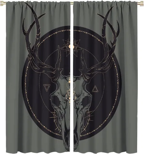 Vista 56 de BAEKJIN Cortinas de cabeza de cabra, diseño de calavera malvada, bruja, símbolo misterioso, bolsillo para barra, cortinas opacas para ventana, juego