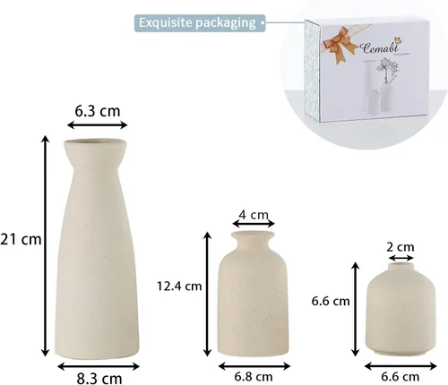 Vista 3 de CEMABT Juego de 3 jarrones de cerámica beige pequeños para decoración, decoración moderna boho de granja para el hogar, jarrón decorativo