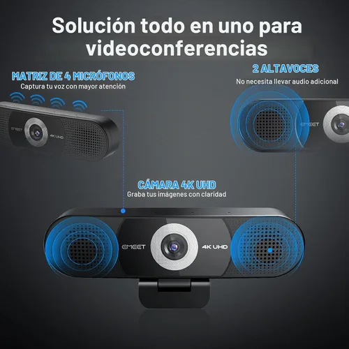 Vista 2 de EMEET C980 PRO Cámara web 4K 3-en-1 con micrófono y altavoz, cámara web de gran angular de 60°-98° con 4 micrófonos con cancelación de ruido, 2