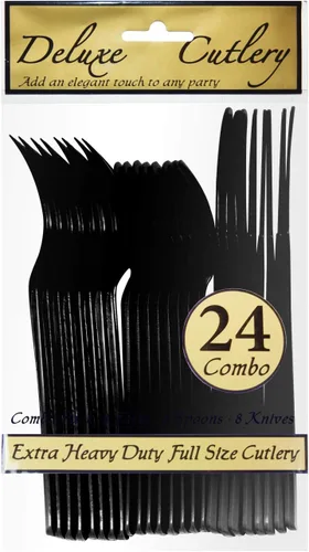 Vista 3 de Party Essentials - Paquete combinado de cubiertos de plástico extra resistentes, tamaño completo, cuchillos/tenedores/cucharas, negro, juego para 8