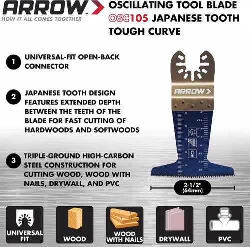 Vista 3 de Arrow OSC101VP-3 - Paquete variado de cuchillas oscilantes multimateriales para tuberías de cobre, madera, PVC, paneles de yeso, universal, se