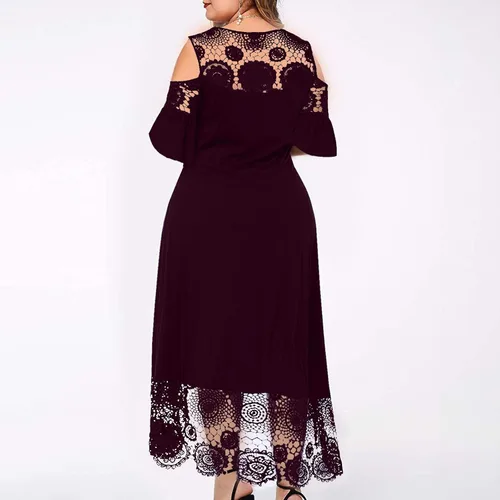 Vista 4 de Vestido largo de verano para mujer, con hombros descubiertos, con costuras de encaje, volantes, manga corta, talla grande, vestido largo