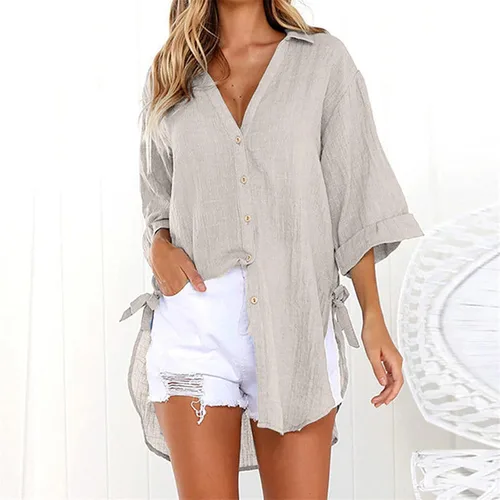 Vista 38 de Camisas de manga larga con botones para mujer, asimétricas, casuales, con cordones, túnica de gran