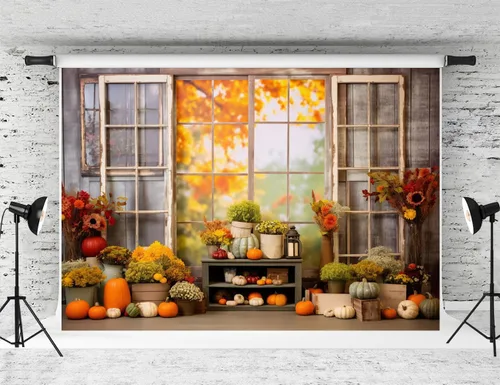 Vista 21 de Kate Fondo de fotografía para el día de Acción de Gracias, otoño, calabaza, decoración del hogar, fondo para niños, fiesta, estudio (7 x 5 pies)