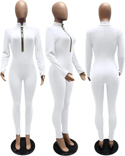 Vista 4 de ECHOINE Enterizos sexys para mujeres de manga larga, cuello en V, cremallera, casuales, de una pieza, rompers bodycon, conjuntos ajustados