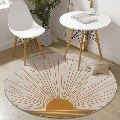 Vista 3 de Bath Mat Round Rug 2 ft, Boho Sun Line Mandala Washable Circular Rugs, Non Slip Absorbent Beige Circle Area Carpet for Kitchen Living Room Bedroom