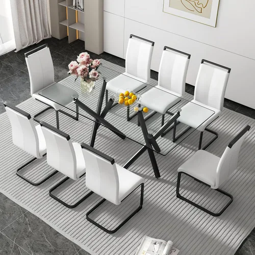 Vista 18 de Juego de 6 mesas de comedor de cristal, moderno juego de mesa de comedor de vidrio templado rectangular transparente de 71 pulgadas y 6 sillas
