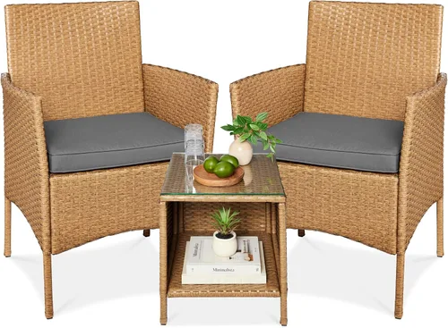 Vista 20 de Best Choice Products Juego de 3 piezas de mimbre para conversación al aire libre, muebles de patio que ahorran espacio para jardín con mesa