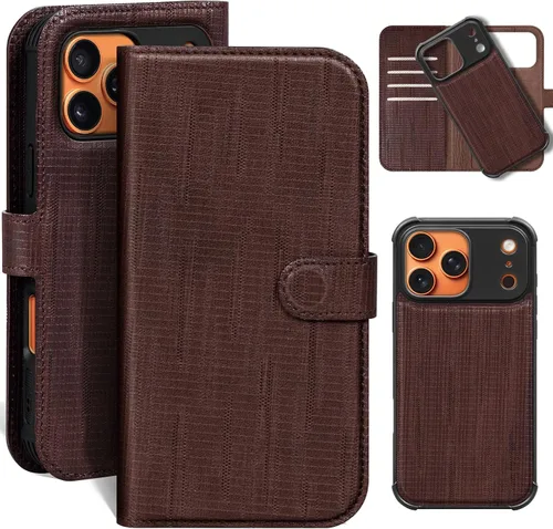 Vista 15 de Funda de cuero compatible con iPhone 16 Pro Max Cartera 6.9", cuero genuino 2 en 1, magnética, desmontable, a prueba de golpes, funda tipo folio