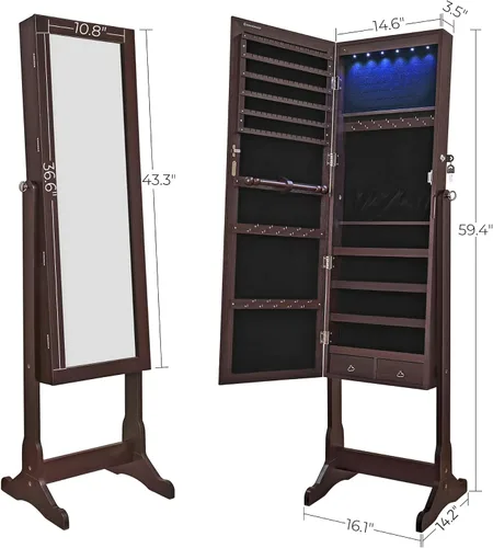 Vista 6 de SONGMICS - Armario de joyería con espejo y con 6luces LED, organizador de joyería de pie con espejo y con cerradura, 2cajones, color marrón UJJC94K