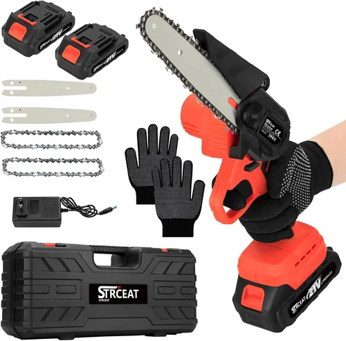 Vista 8 de Mini motosierra de 8 y 6 pulgadas, sin escobillas, batería de 2 x 4.0 AH, portátil, pequeña sierra inalámbrica con 4 placas guía, sierra de mano