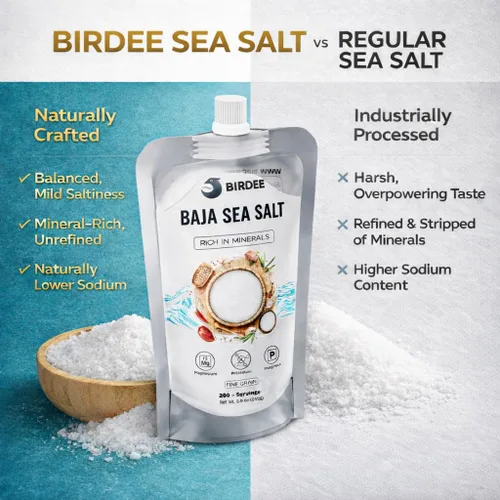 Vista 3 de Birdee Baja Mineral - Sal marina de grano fino, 8.8 onzas, bolsa de boquilla con tapa giratoria, sin refinar, sin yodar, sal marina mineral reducida