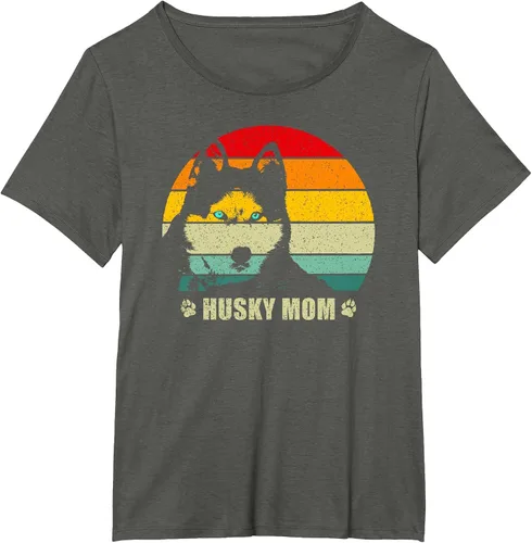 Vista 49 de Husky Mom Retro Dog Lover Mother Siberian Huskies Tee Women T-Shirt Asphalt Grey