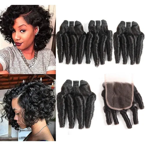Vista 8 de Molefi Extensiones de cabello humano brasileño Funmi rizado, 4 paquetes de extensiones de cabello humano negro, extensiones de cabello corto rizado