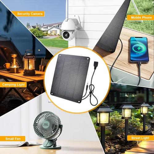 Vista 5 de Panel solar con gancho de metal, módulo monocristalino de alto rendimiento de 5V 6W con salida USB-A hembra y DC macho, panel impermeable