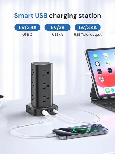 Vista 6 de Regleta de alimentación de torre con protector de sobretensiones, 12 salidas de CA y 4 puertos USB (2 USB-C), cable de extensión de 6 pies, torre