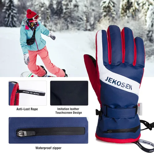Vista 5 de JEKOSEN Guantes de esquí 2023 para clima frío para mantener el calor, guantes de nieve impermeables para pantalla táctil, guantes de snowboard